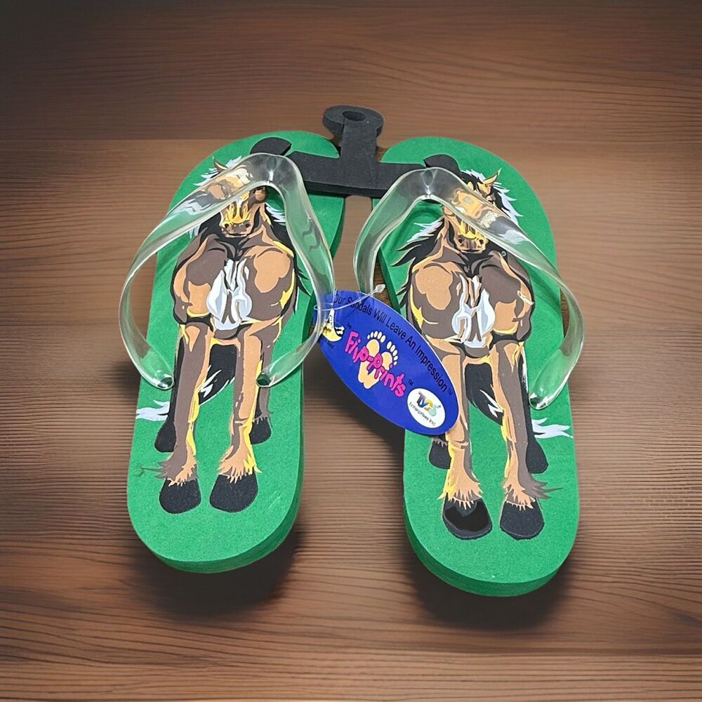 Flip-Print  Women’s Flip Flop Green With Horse Graphic Sz L  Equestrian Western